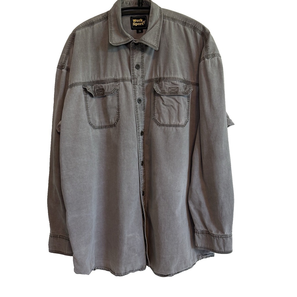 Work n Sport Mens Denim Gray Long Sleeve Shirt 2X Workwear Rugged Utility Button